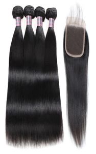 Ishow Straight Extensions Weave 4 Bundles и 4x4 Lace Closure Пучки натуральных человеческих волос с застежкой для женщин и девочек Jet Black All4527230