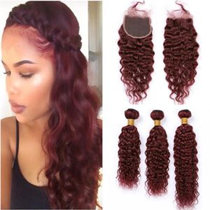 Wefts 99J Wine Red Water Wave Human Hair Bundles with Closure Burgundy Red Wet and Wavy Brazilian Virgin Hair Weaves with Lace Closure 4