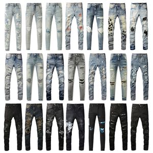 Designer Mens Amirs Jeans High Street Hole Star Patch Men's Womens Amirs Star Embroidery Panel Trousers Stretch Slim-fit Trousers Jean Pants