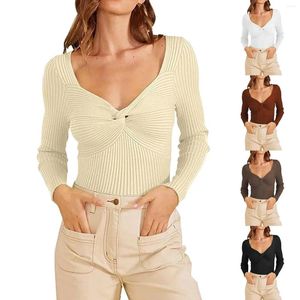 Kvinnors blusar Tossy Solid Casual Tvick Knut Front V Neck Crop tröja Knitwear Ladies 2024 Spring Long Sleeve Sticke Pullover Tops