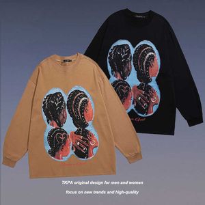 TKPA American hip-hop spoof printed long sleeved base T-shirt for men and women's vibe lazy style