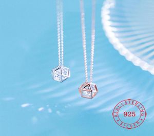 925 Sterling Silber Kristall Hohle Polygon Zirkon Halskette Geometrischer Anhänger Schmuck rosévergoldet moderner Modeschmuck6468477