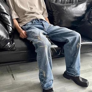 Jeans masculinos homens plástico fio tecelagem angustiado baggy lt azul jean