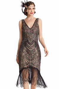 Abiti eleganti da donna con flapper Abito Gatsby anni '20 con scollo a V, perline e frange