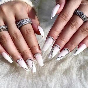 Falsche Nägel 24 stücke Y2k Weiß Lange Ballett Sarg Nail art Gefälschte Sanfte Elegante Mit Bohrer Herz Drücken Auf Quadratischen spitzen