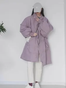 Kadın trençkotları sonbahar ve kış mor orta uzunlukta ceket pamuklu çileli kıyafetler gevşek rahat kalınlaşan pamuk ceket