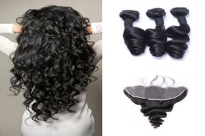 Brazilian Loose Wave Human Hair Weaves With 13x4 Lace Frontal Full Head Can be Dyed Preplucked Closures8185967
