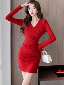 Abiti Casual donna rosso scollo a V abito sexy avvolgente sull'anca autunno inverno elegante aderente pieghettato corto 2024 sera coreana