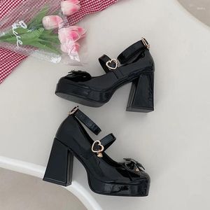 Dress Shoes Cute Heart Buckle High Heels Pumps Women Black Chunky Platform Woman Bowtie Thick Heel Mary Jane Lolita 2024