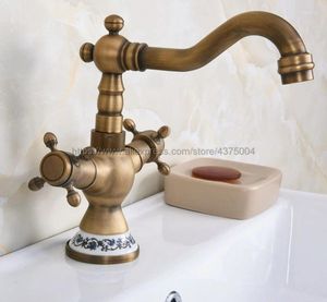 Rubinetti per lavandino del bagno Lavabo Rubinetto in ottone antico Bocca girevole a 360 gradi Maniglia doppia a croce Miscelatore per lavabo Nnf601