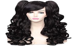 Parrucca cosplay per la cura dei capelli lunghi ricci con 2 code di cavallo Nera 012466035