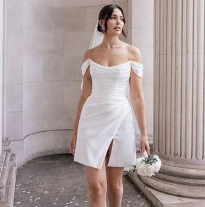 2024 Morden Simple Short Wedding Dress For Women Vestidos De Noiva Casamento Off the Shoudler Pleats Side Split Satin Bridal Party Gowns