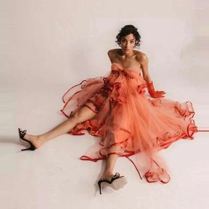 Casual Kleider Mode Rüschen Orange Tüll Frauen Sommer Ziemlich Schatz High Low Tiered Mesh Prom Party Kleider Pographie Kleid