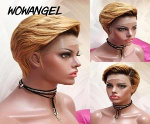 Wowangel Pixie Bob Short Cut 44 lace Clousre Human Hair Wigs 180 Density Honey Blond Ombre Colored C part Brazilian Remy Woman75713977278