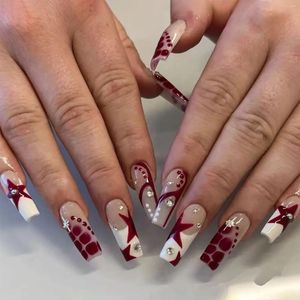 False Nails 24pcs Wine Red Stars French For Girl Wearable Fake Y2k Press On Tips Flash Diamond Artificial Nail Decor