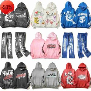 Hellstar Sportsuit Trainingsanzug Männer und Frauen Designer Hoodie Langarm Hosen Pullover Street Hip Hop Print Hoch Grau Blau Weiß Hell Star Hoodies Sweatshirt 8 3N6E