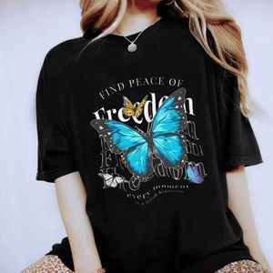 女性のTシャツharajuku 90年代トレンディなかわいい短い袖の蝶プリント衣料パターンTシャツファッションカジュアルブラックTシャツ。