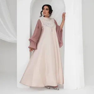 エスニック服の女性スイングドレスアバヤピンクパッチワークスリーブオフィスレディダイヤモンドサテンローブドバイイスラム教徒とロングフレア