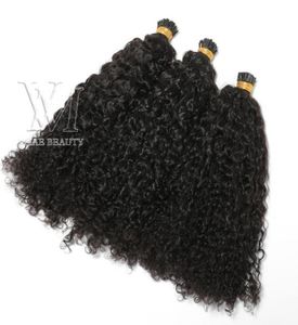 Peruansk i tips hårförlängningar anpassade kinky curly 100 strängar pre bunded pinne I tip keratin fusion människoledning7277886