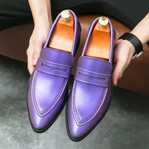 Fashion Purple Glitter Dress Buty Skórzane spiczaste wsuwane męskie buty ślubne