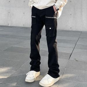 Уникальные мужские джинсы Y2k, облегающие брюки-карго с разрезом на молнии, модные брюки-карго в стиле Харадзюку, повседневная уличная одежда, мужские джинсы 240102