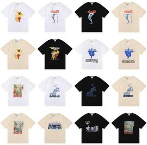 Rhude Marca Impresso Camiseta Homens Mulheres Em Torno Do Pescoço T-shirts Primavera Verão High Street Estilo Qualidade Top Tees Tamanho Asiático S-XL Camiseta Barato Mac