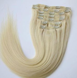 Klipp i hårförlängningar brasilianskt mänskligt hår 20 22 tum 60platinum blond raka hårförlängningar 260g 7pcsset3973290