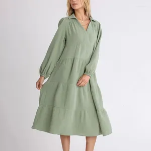 Casual Dresses Elegant For Women Muslin Cotton Gauze Long Sleeve Sexy V-neck Evening Party Loose Robe Femmes Boho Sundress