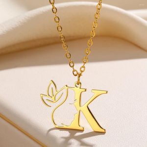 Pendant Necklaces Flower Stainless Steel Initial Necklace Women Girl Gifts Gold Color Letter Choker Alphabet Beauty Jewelry