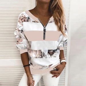 Bluza w paski kwiatowe z kapturem Kobiety Ziper Bluzka z długim rękawem bluzy streetwear 2021 Nowe bluzy kobiety Plus size