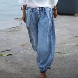 Giyin Kadınlar için gündelik vintage kot pamuklu pamuk bohemian yaz bülbeli jean gevşek mavi plaj kot pantolon lady 2023