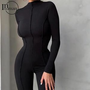 Infoman Sonbahar Parlak Çizgi Dekorasyonu Siyah Tulum Kadın Seksi Kulüp Kıyafet Uzun Kollu Beyaz Bodycon 231229