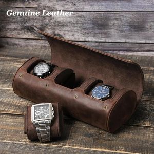 Chokers Uhrenrollenbox aus echtem Leder, 3 Fächer, Uhrengehäusehalter, tragbar, Vintage-Leder, Display-Abdeckung, Schmuck, Armband, Geschenkaufbewahrung