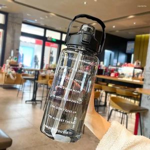 Vattenflaskor 2 liter Sportflaska med halm män Kvinnor Fitness utomhus kallt flaskor Tidsmarkör Drinkware1