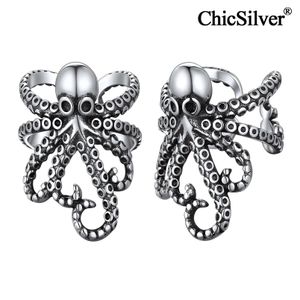 Charm Chicsilver Octopus Uszy Mankiet Kolczyki 925 Srebrny gotycki punk dla kobiet regulowany mankiet chrząstki nie przebitych retro