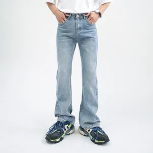 Mäns jeans koreansk modestil rak för män blå avslappnad original mager stretch tvättade flare byxor rippade denim streetwear