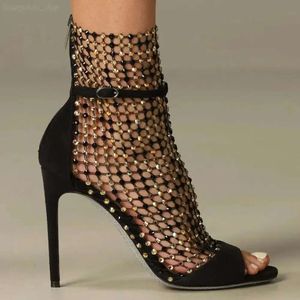 Galaxia Crystal-embellished Mesh Strass Caged Stiletto Sandals Rhinestones Ankle Strap Black Evening Shoes Women High Heeled Designers Cool