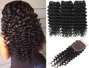 Deep Wave Hair Top Human Hair Bundles With Stängning del 3 Bunds med 44 Swice spetsstängning Peruanska mänskliga hårförlängningar 4821118