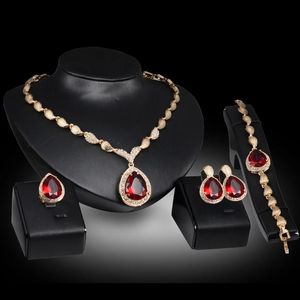 Chokers African Costume Gold Color Crystal Red Blue Gem Pendant Necklace Earrings Bracelet Ring Women Bridal Jewelry Sets