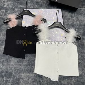 Feather Sling Tanks Top Women Irregular Design Vest Summer Sexy Knits Tops Rhinestone Button Vests