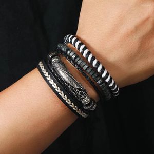 Charm Bracelets Men's Handmade Woven Wooden Bead Bracelet Fashionable Alloy Accessories Multi-layer Leather Bangle Set Floral Tube DIY