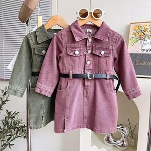 Girl Dresses Girls Retro Wash Denim One-Piece Fashion Turn-down Collar Long Sleeve Female Dress A-line With Belt Clothes