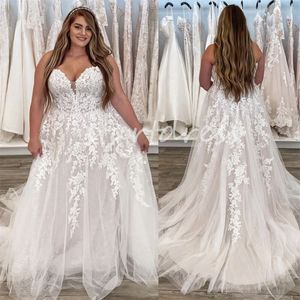 Stor plus size bröllopsklänning med applikationer spets prinsessa älskling tyll country style brud klänning 2024 en linje tyllkyrka trädgård brud klänningar vestios de novias