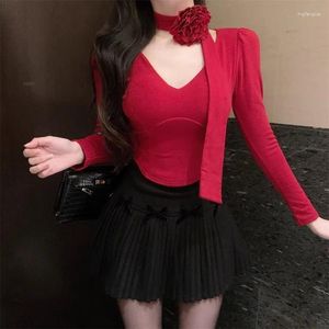 Vestidos de trabalho harajpee pendurado pescoço fita ternos flor decorativa natal vermelho sexy peito superior cintura alta emagrecimento uma linha saia curta conjunto