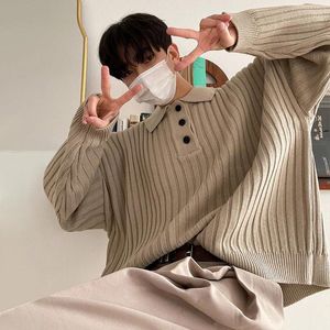 Herrpolos Autumn Vintage Knit Stripe Lapel Polo Shirt Solid Color Comfort Lång ärm T-shirt 2024