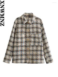 Women's Jackets XNWMNZ Fashion 2024 Autumn/Winter Textured Check Overshirt Women Vintage Lapel Long Sleeve Pocket Versatile Female Coat