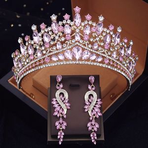 Gorgeous Crystal Wedding Crown With Earrings Bride Tiaras Princess Prom Bridal Tiaras Purple Crowns Hair Jewelry Accessories 240102