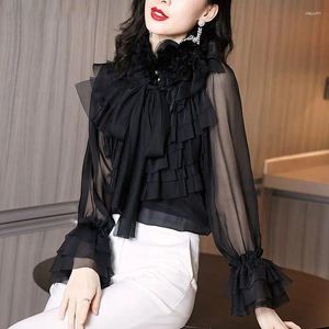 Kvinnors blusar Elegant Bow Gaze Flare Sleeve Shirt Clothing 2024 Spring Commuter Tops Office Lady Ruffles Blouse