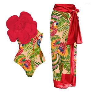 Mulheres Swimwear 3D Flor Maiô Uma Peça Com Pareo Beach Dress Luxo Biquíni Designer Banheira Terno Beache Sarong