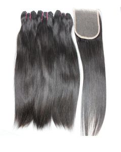 Super Double Drawn Human Hair Bundles with Closure Straight Brazilian Virgin Human Hair Wefts with 4x4 Hair Closure Natural Color 5626654